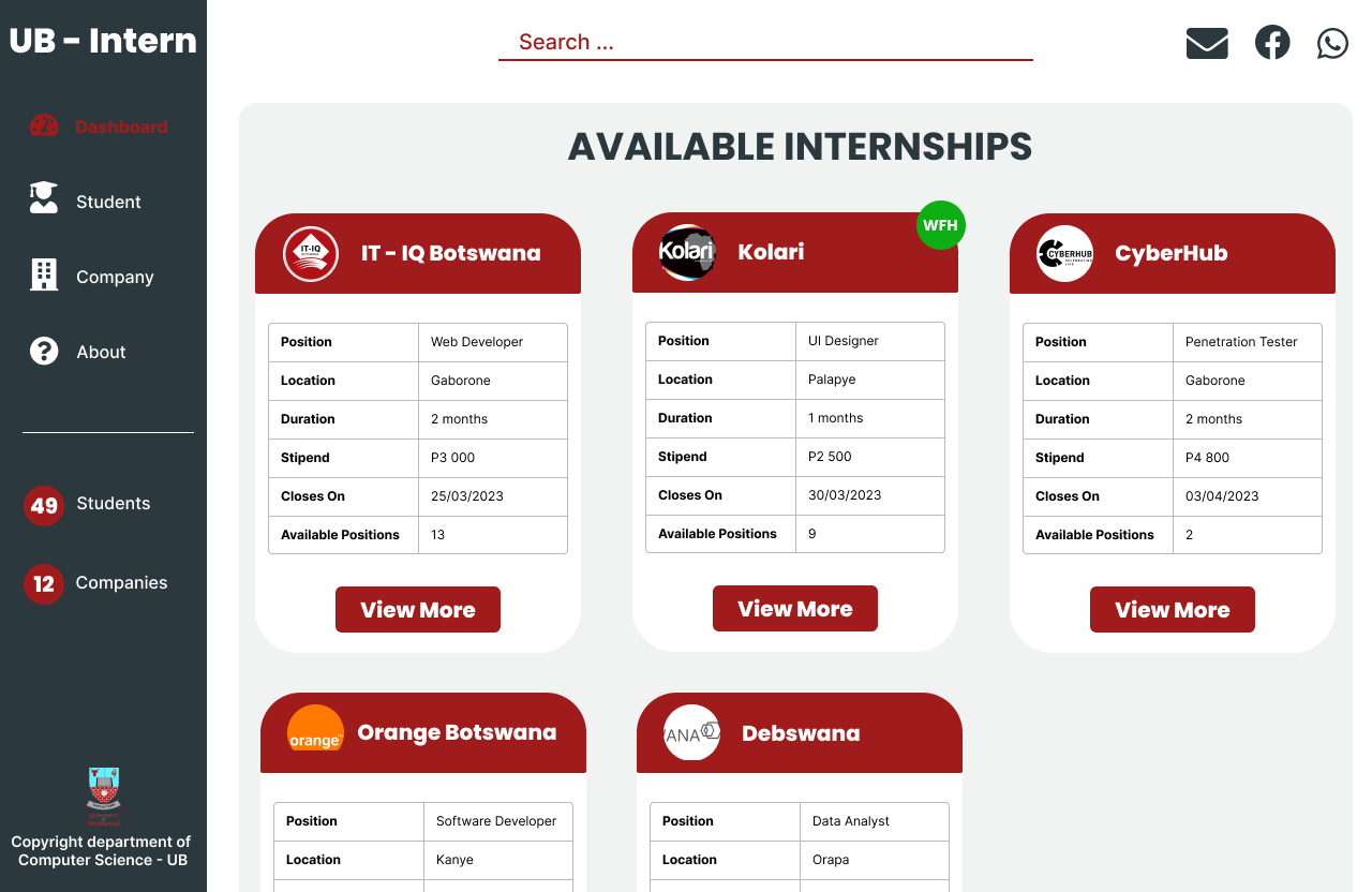 Mockup design for an internship management system